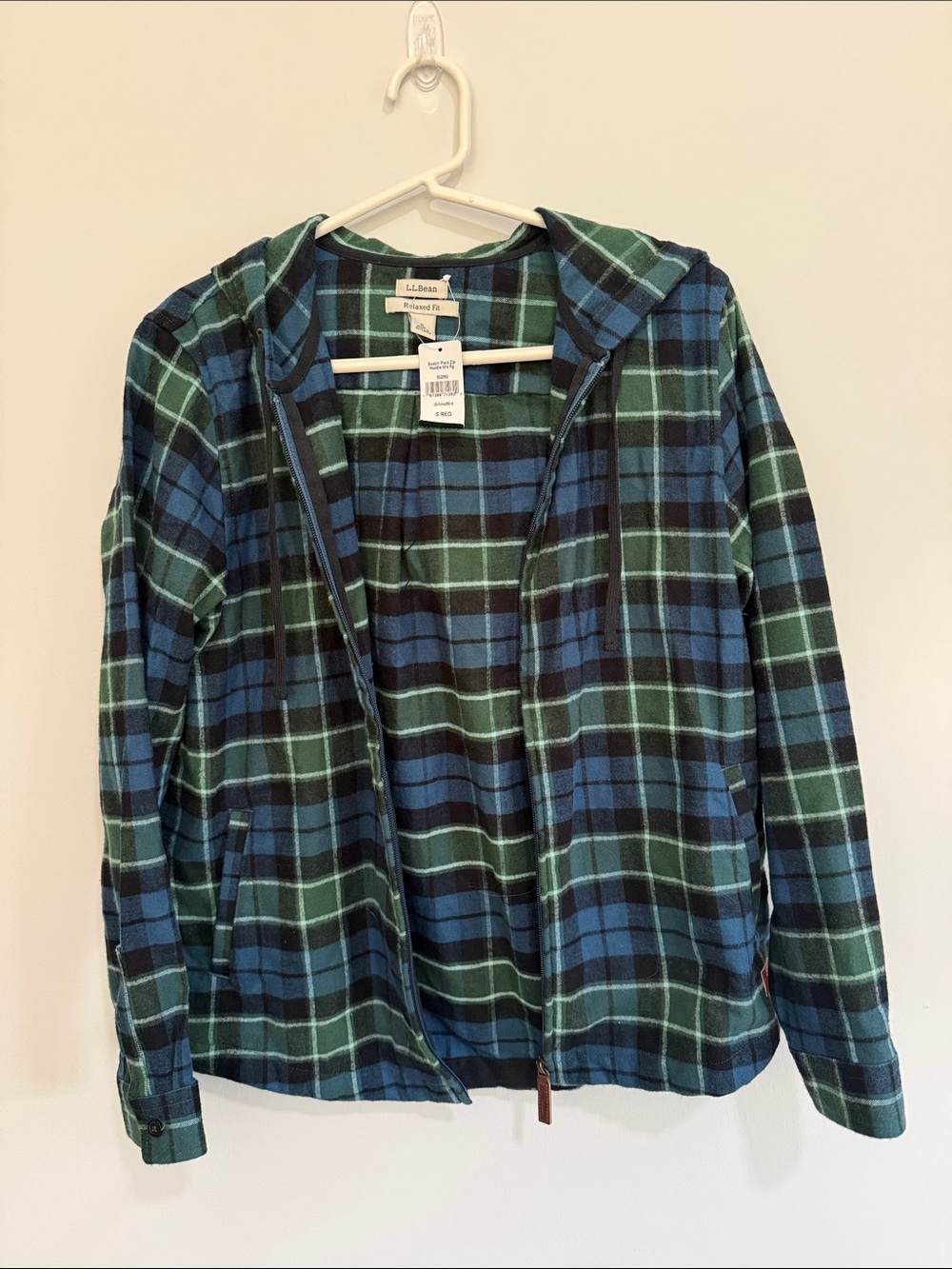 L.L. Bean Blue and Green Plaid Hooded Fleece Jacket